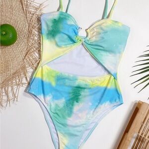 Blue and Green One Piece Swim with Bow Detail